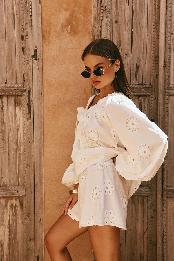 White Broderie Elastic Drawstring Aveline Shorts