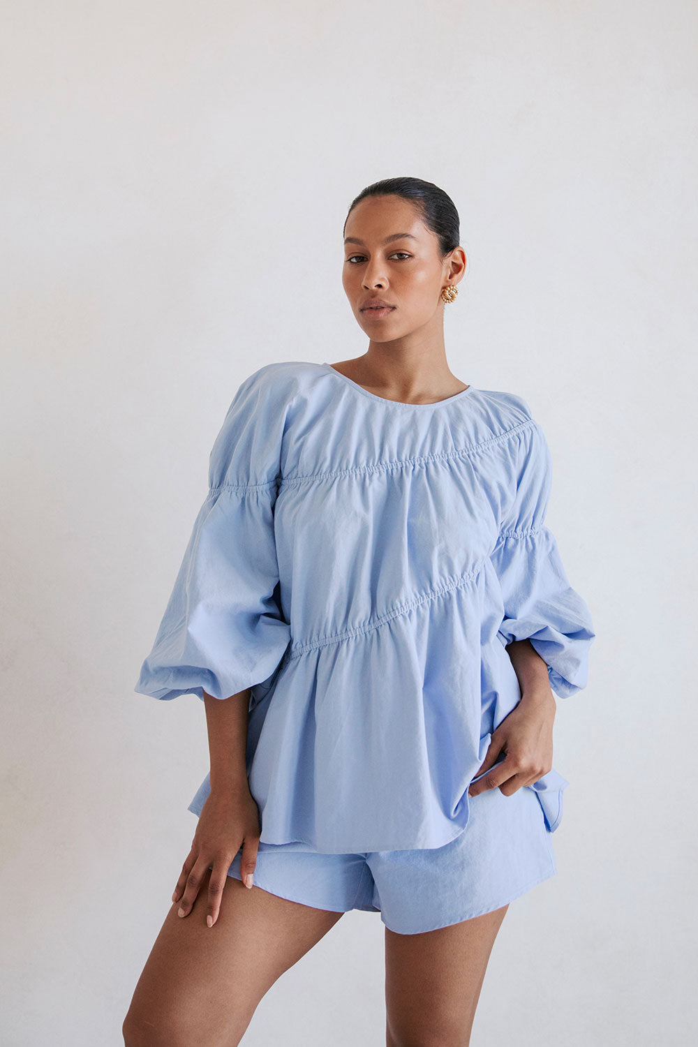 Blue Long Sleeve Panelled Flounce Akel Top
