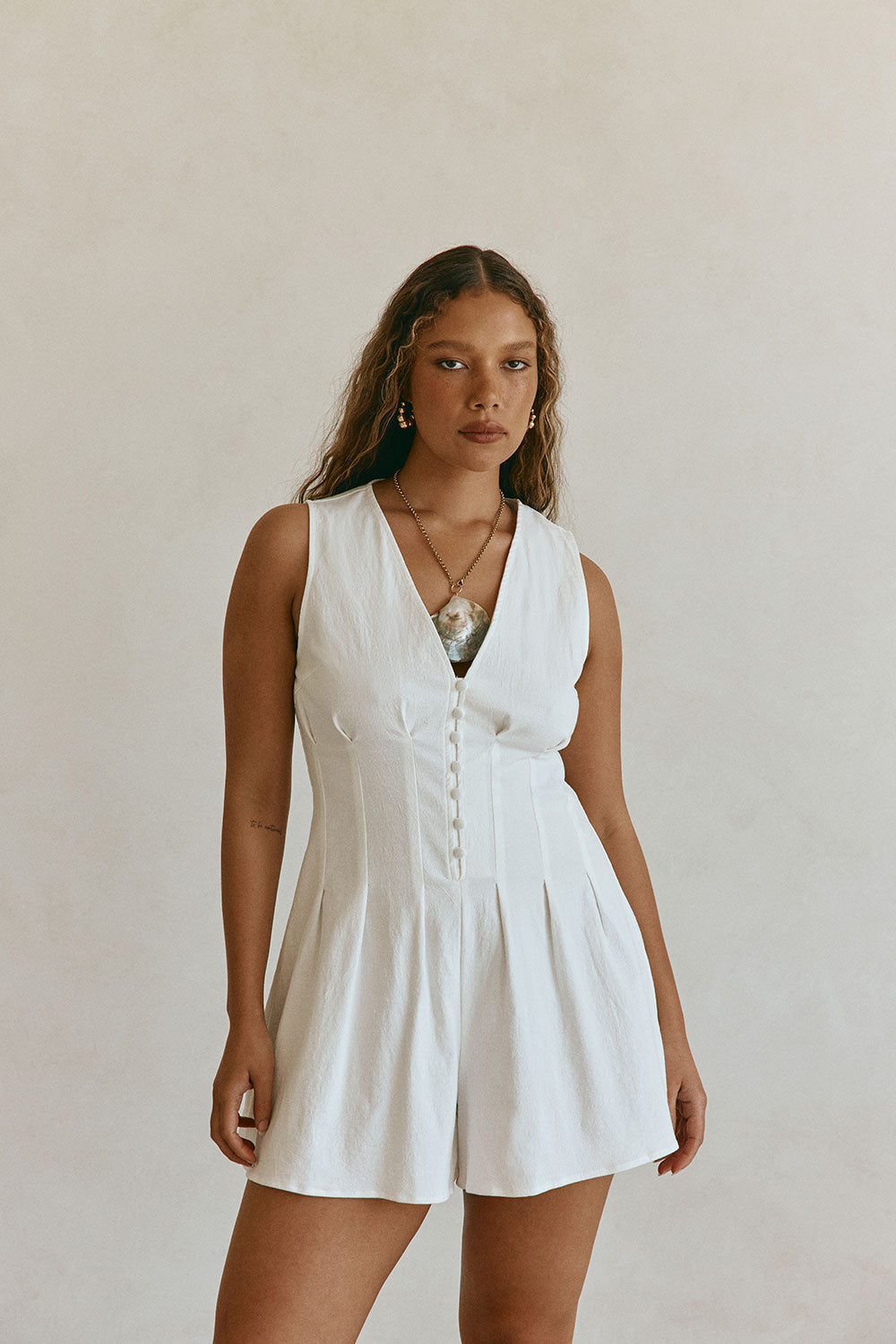 White Pleat Button V Neck Ashli Playsuit