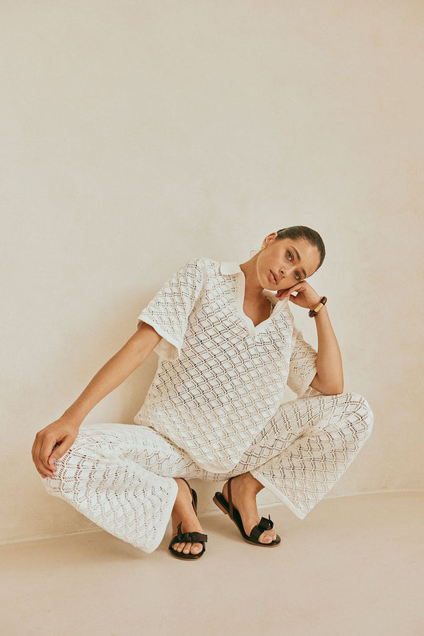 White Knit High Waist Drawstring Aya Pants