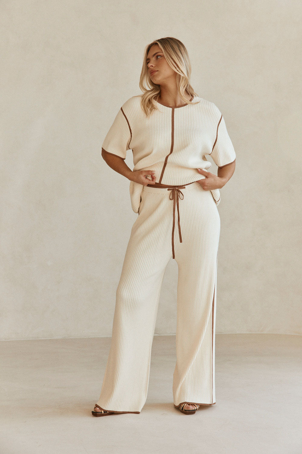 Off White Ribbed Drawstring Cinna Pants
