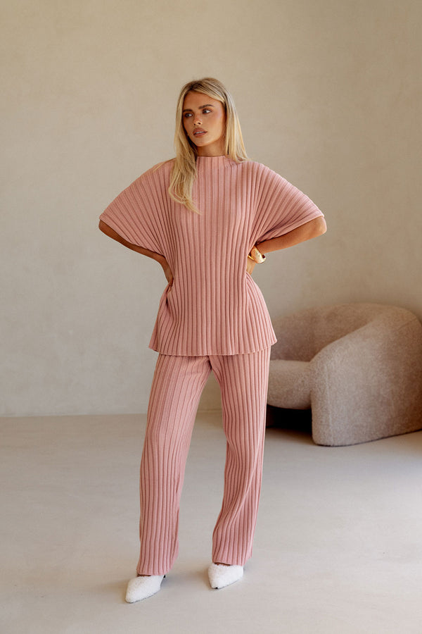 Blush Pink Ribbed Knit Short Sleeve Celine Top