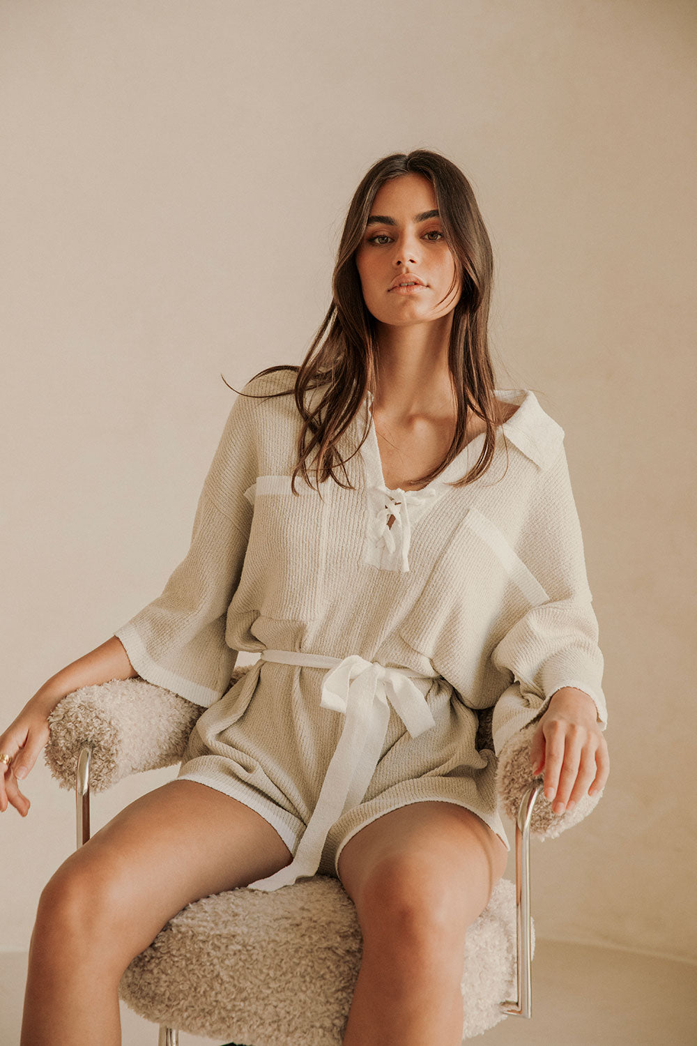 Taupe Grey Collared V Neck Tie Sammi Playsuit