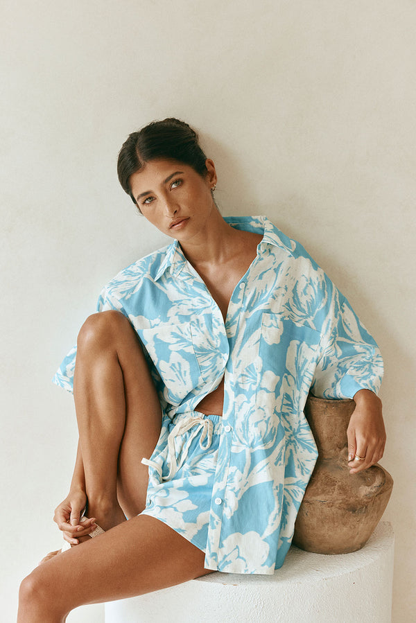 White Floral Short sleeve Button Up Tahlee Top