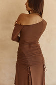 Chocolate Brown Asymmetric Draw Tie Maxi Callista Dress