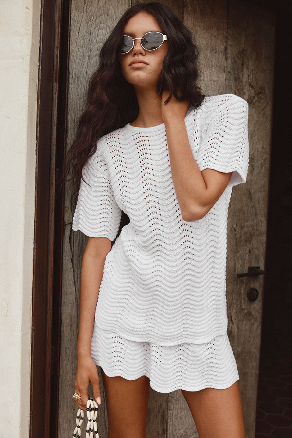 White Wave Knit Short Sleeve Leah T Shirt Top