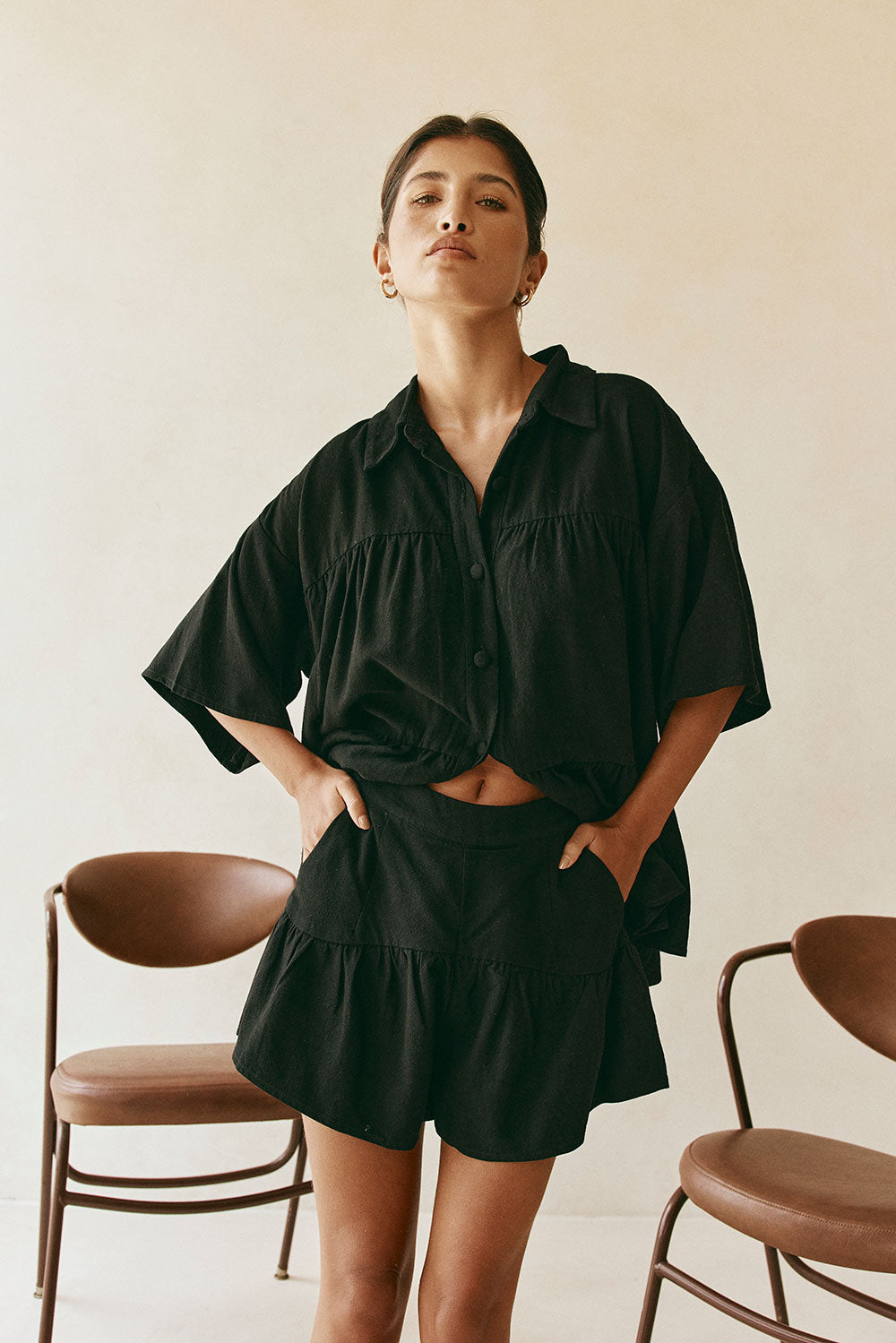 Black Short Sleeve Button Up Collar Luna Top