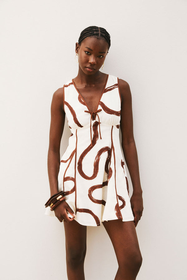 Cream Marbled Mocha Floral V Neck Mini Alfresco Dress
