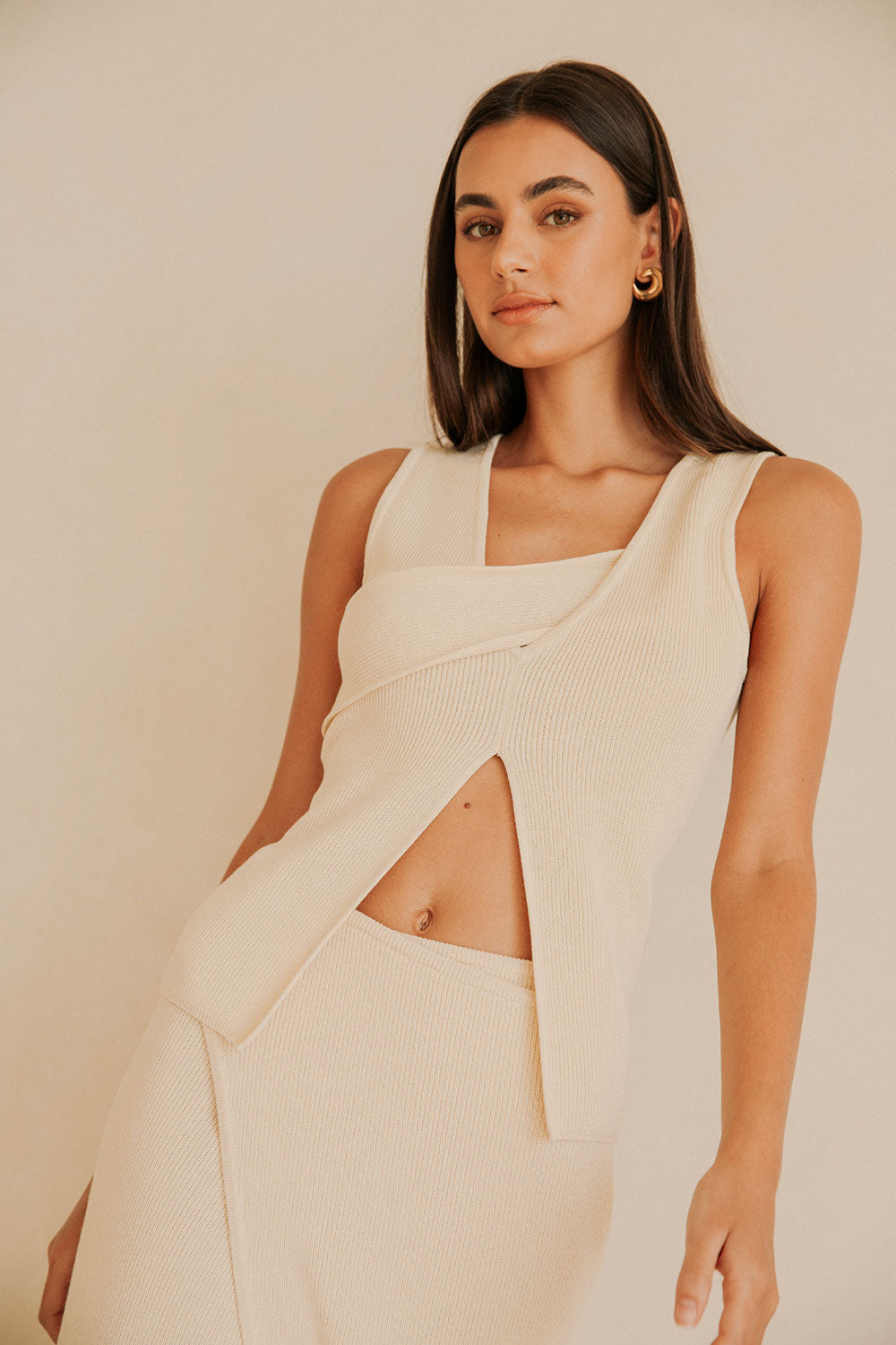 Cream Knit Asymmetric Split Bridget Top