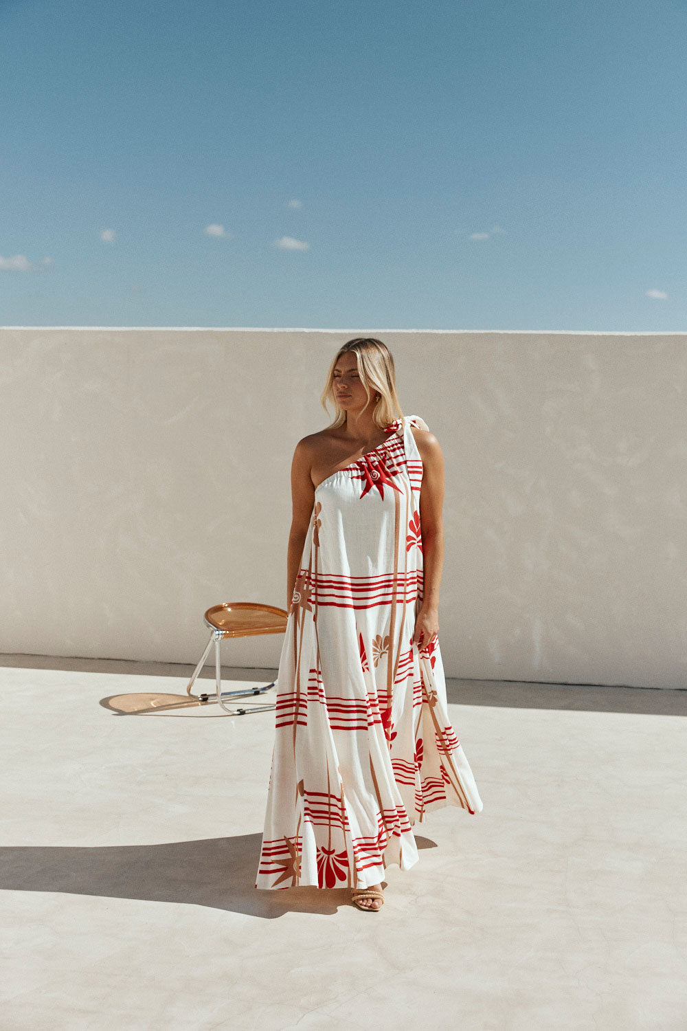 Cream Moana Red Print One Shoulder Maxi Avani Dress