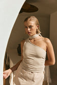 Beige Ribbed Asymmetric Neck Tie Mourno Top