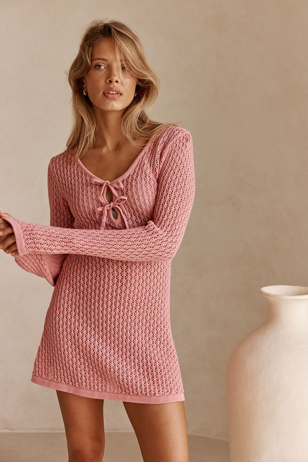 Rose Pink Knit Long Sleeve Mini Nara Dress