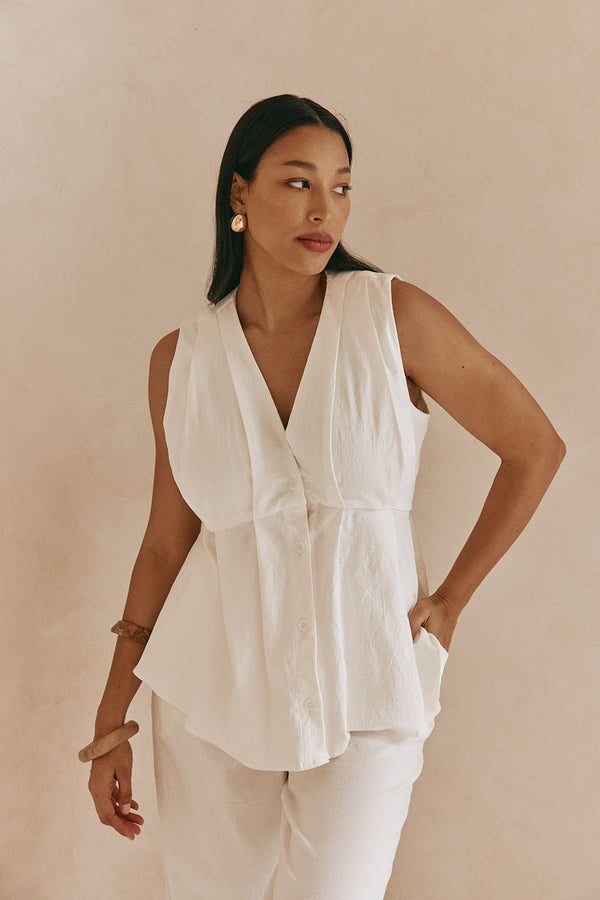 White Structured V Neck Pleated Vespera Top