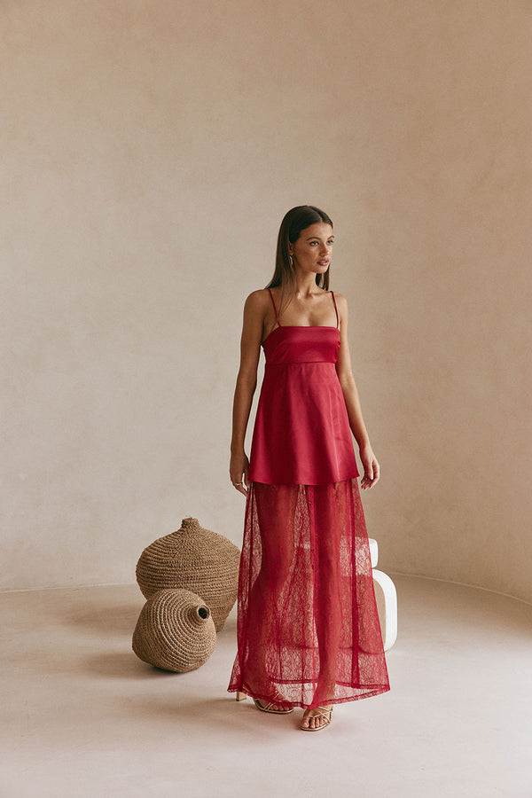 Red Silky Lace Strappy Maxi Dove Dress