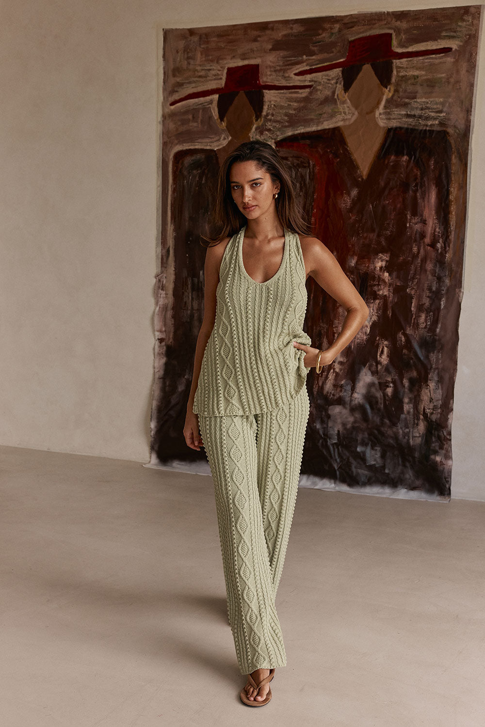 Green Cotton Knit Halter Azari Top