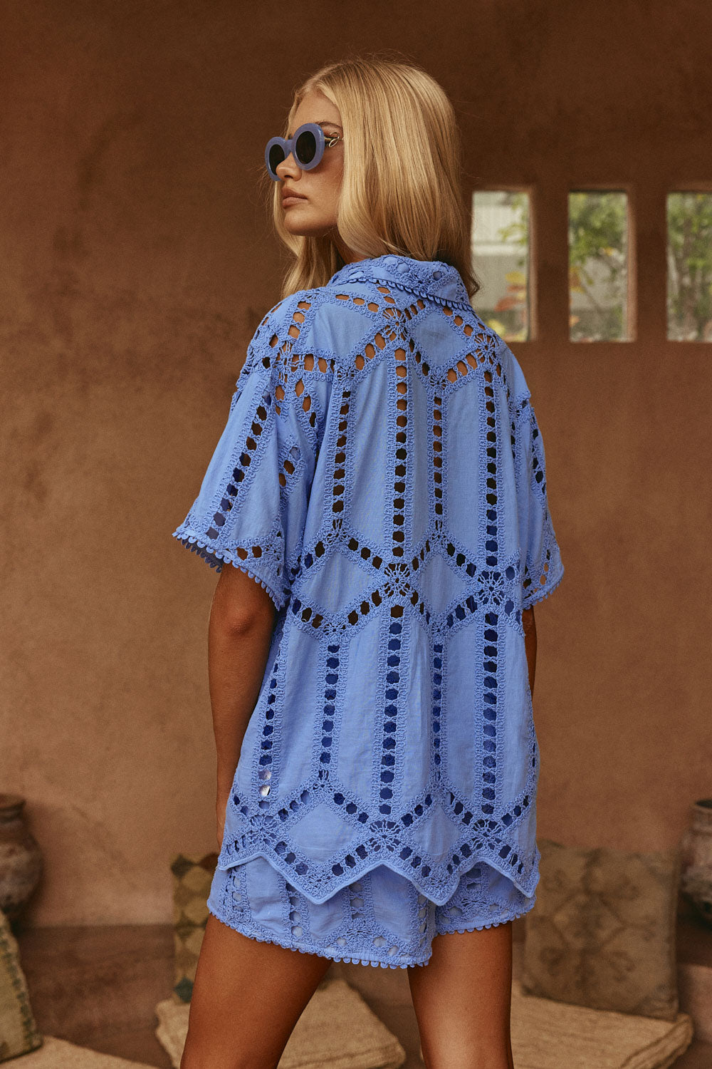 Blue Cotton Cutwork Button Up Alyce Shirt