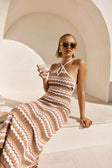 Brown and Tan Zig Zag Stripe Halter Maxi Bexley Dress