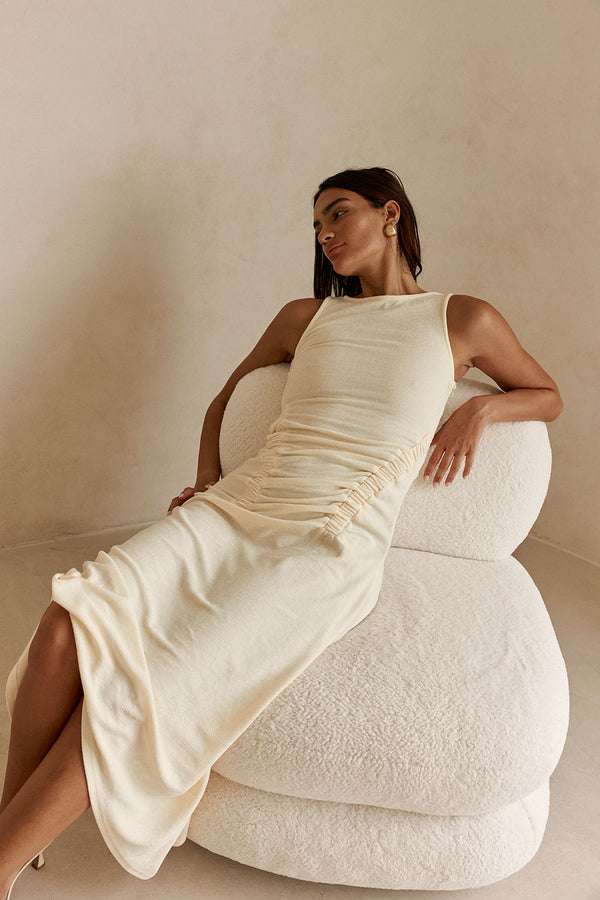 Cream Ruched Maxi Ema Dress