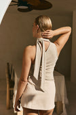 Beige Ribbed Asymmetric Neck Tie Mourno Top