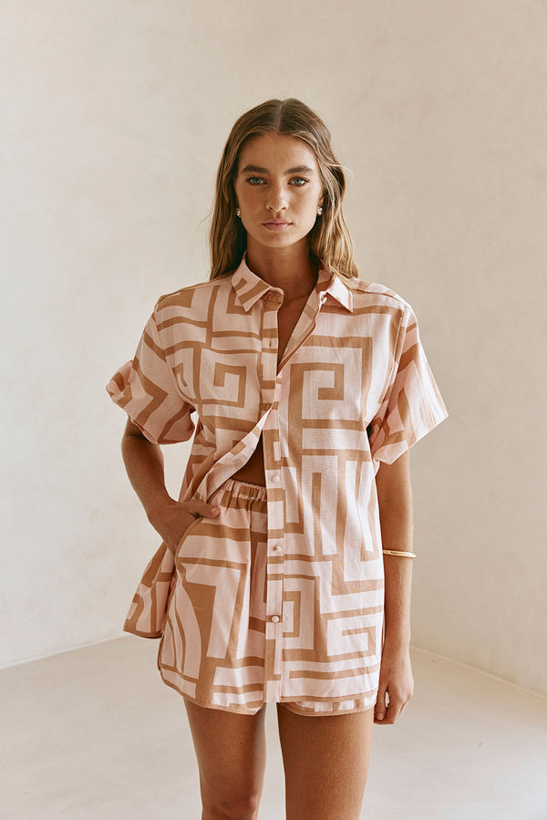 Pink Hellenic Maze Elastic Drawstring Pocket Kira Shorts