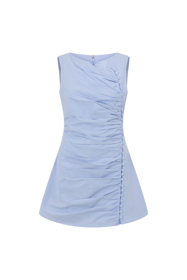 Blue Ruched Button Mini Alchemy Dress
