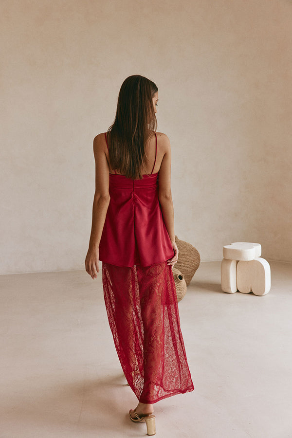 Red Silky Lace Strappy Maxi Dove Dress