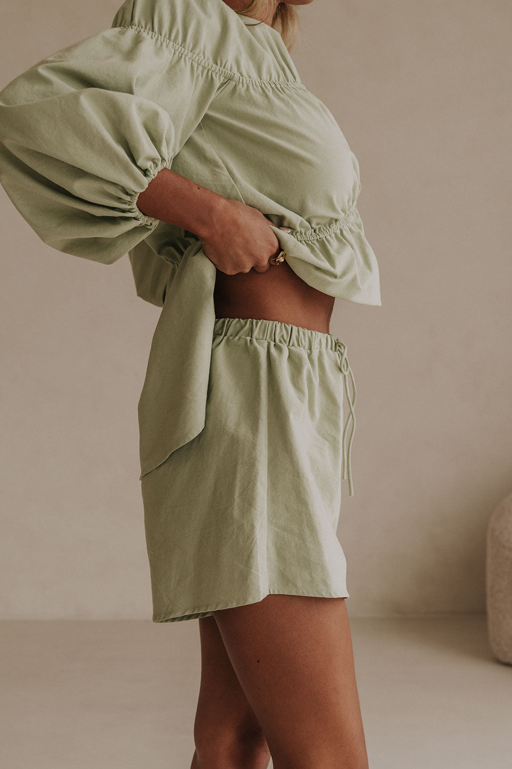 Mint Green High Waist Elastic Drawstring Akel Shorts