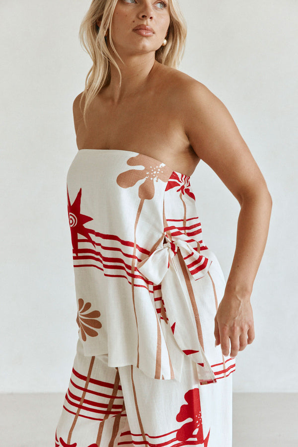 Cream Moana Red Print Strapless Aspyn Top