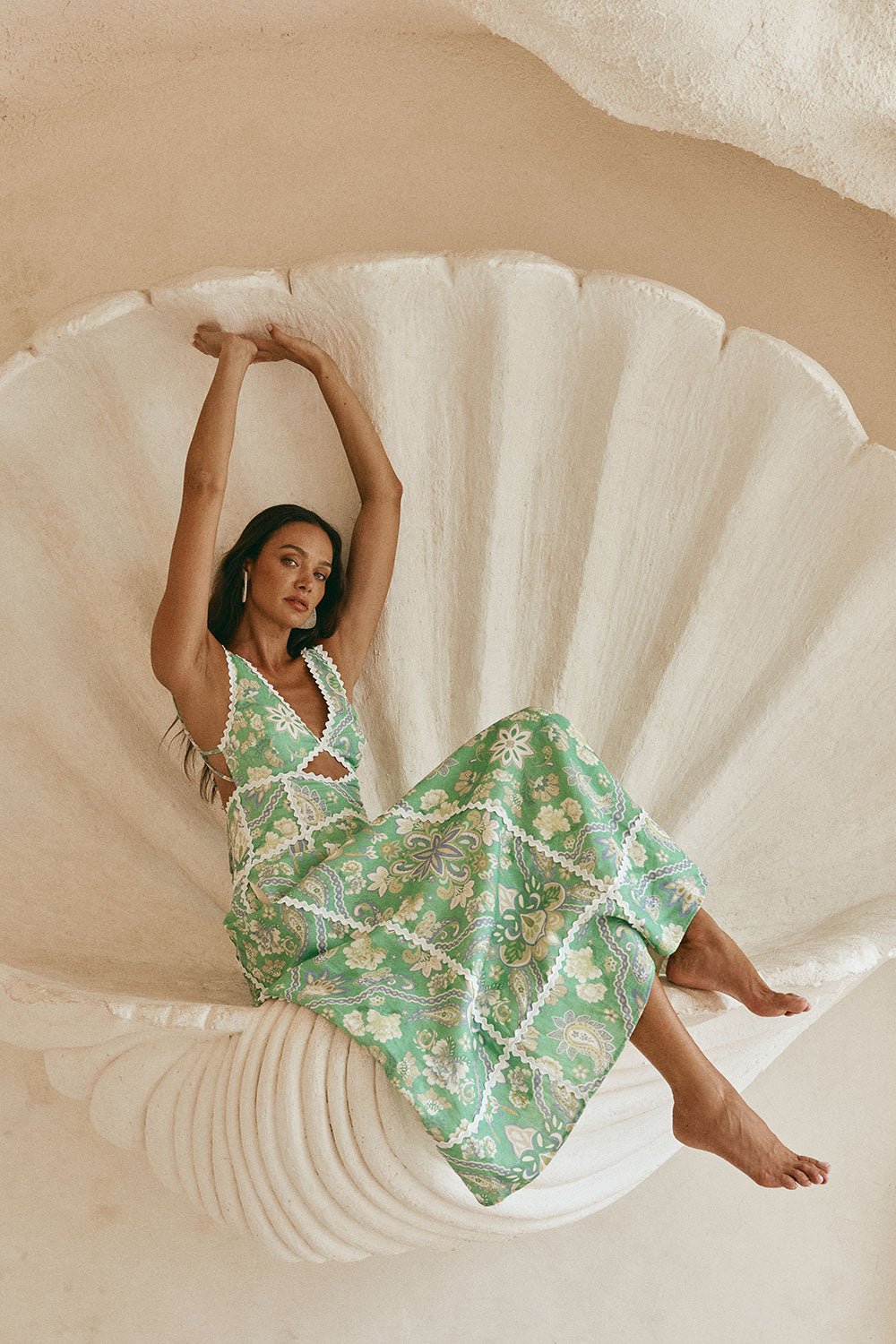 Green Floral Heritage Print V Neck Maxi Evia Dress