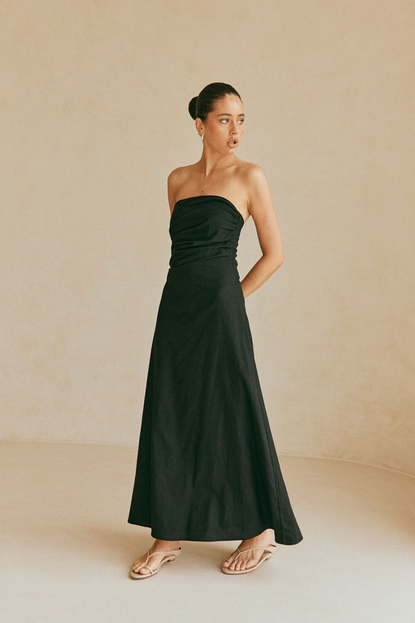 Formal Black Strappless Ruched Maxi Estella Dress