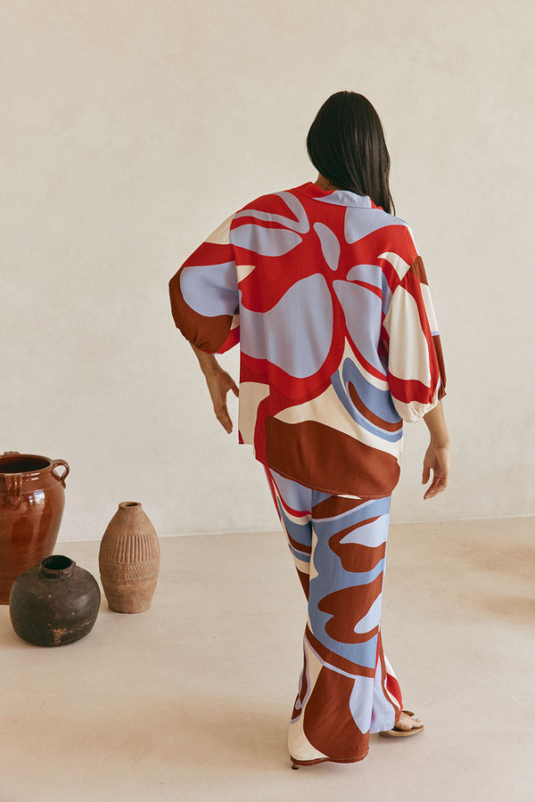 Valley Red Print Button Up Short Sleeve Dia Top