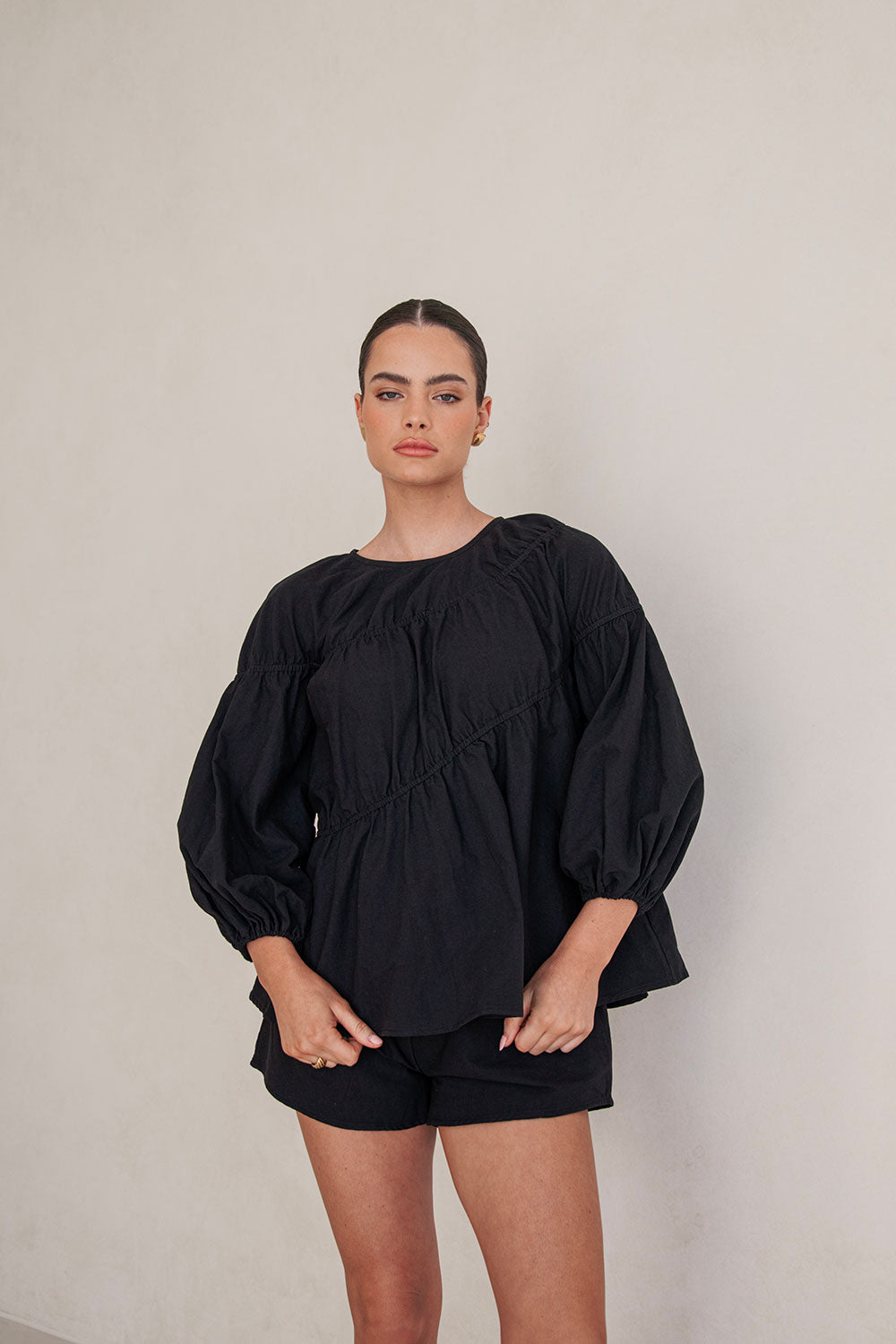 Black Long Sleeve Panelled Flounce Akel Top