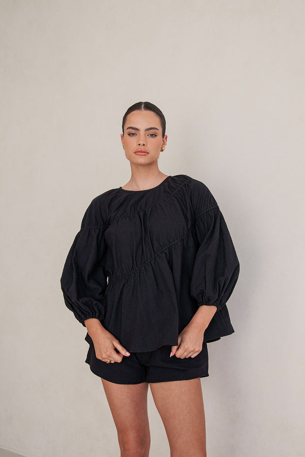 Black Long Sleeve Panelled Flounce Akel Top