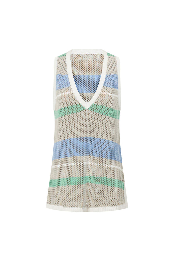 Astea V Neckline Knit Top - Grey, Green, Blue, White Stripe