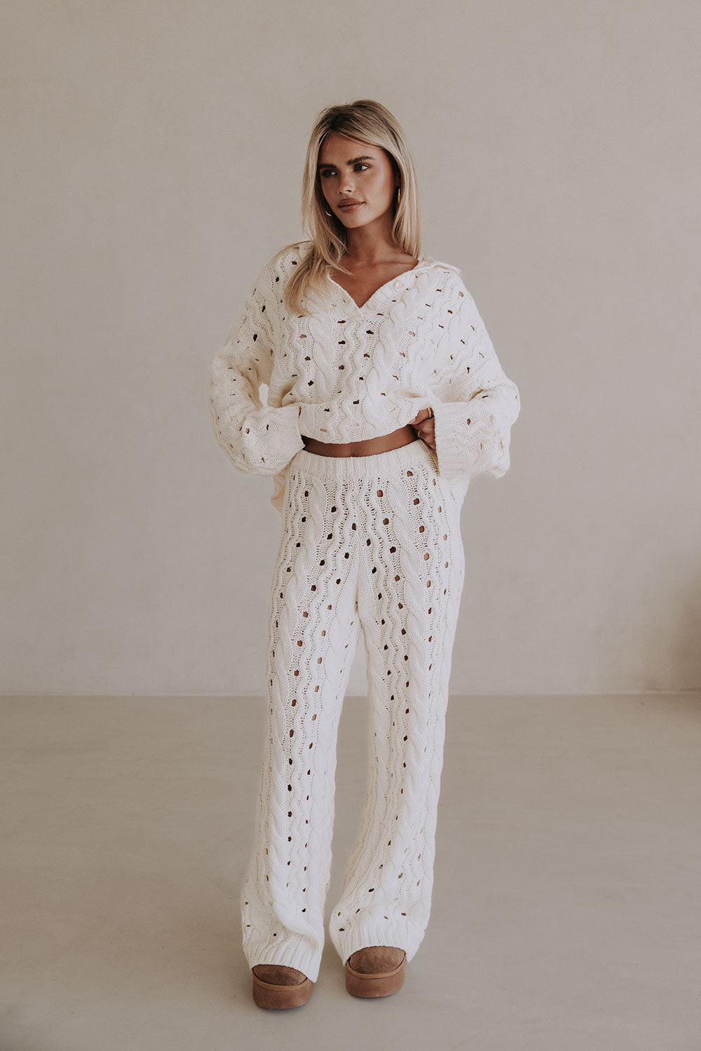 Cream Cable Knit High Waist Wide Leg Elana Pants