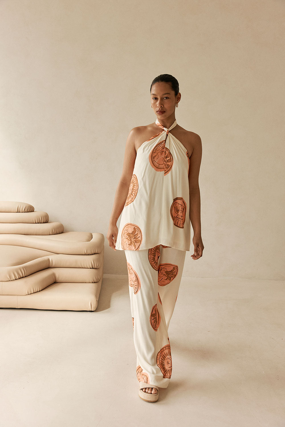 Beige Nomisma Sea Shell Print Twist Halter Rosalee Top