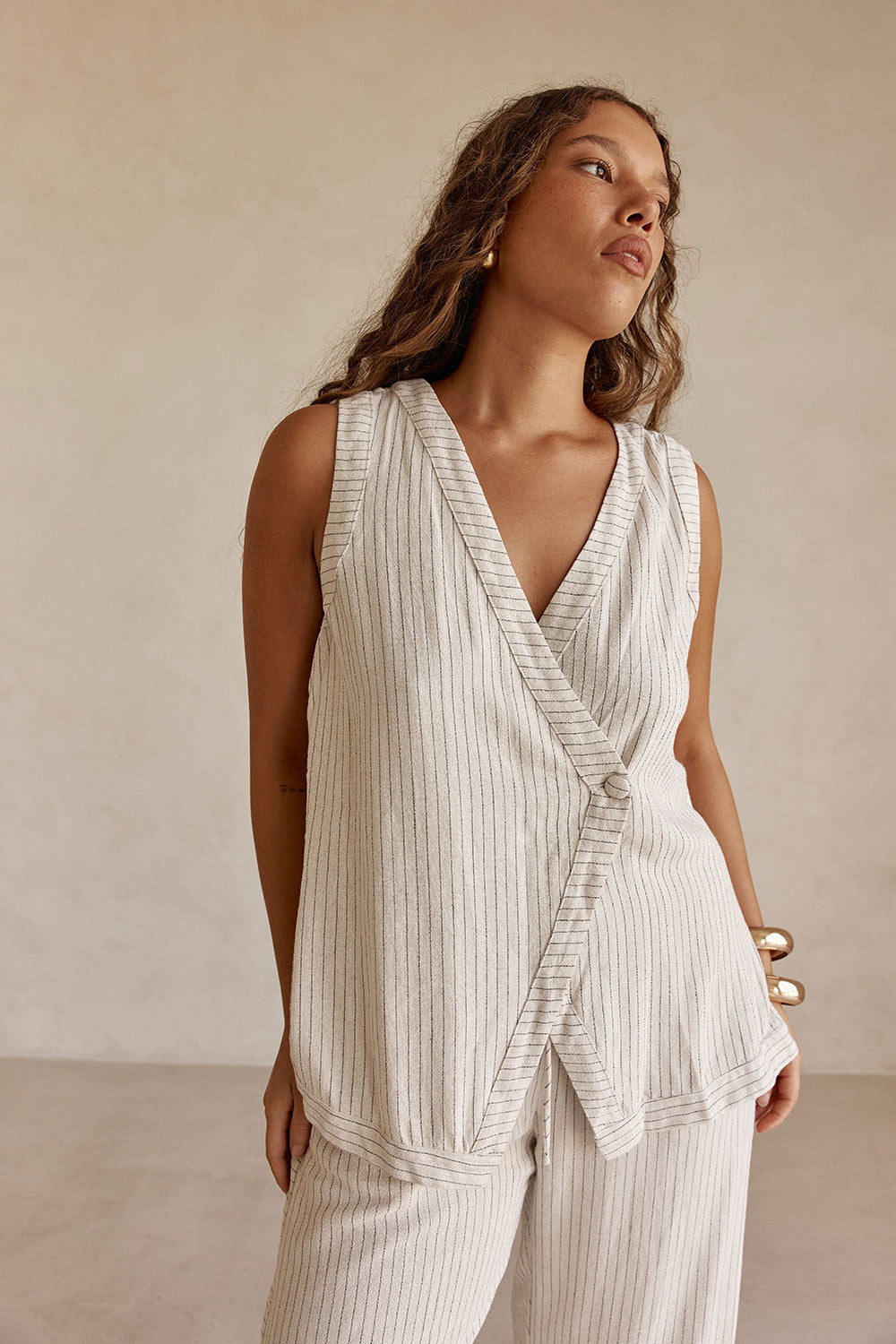 Cream and Black Pinstripe Wrap Capri Top