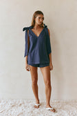 Dark Blue Denim V Neck Shoulder Bow Elixir Top