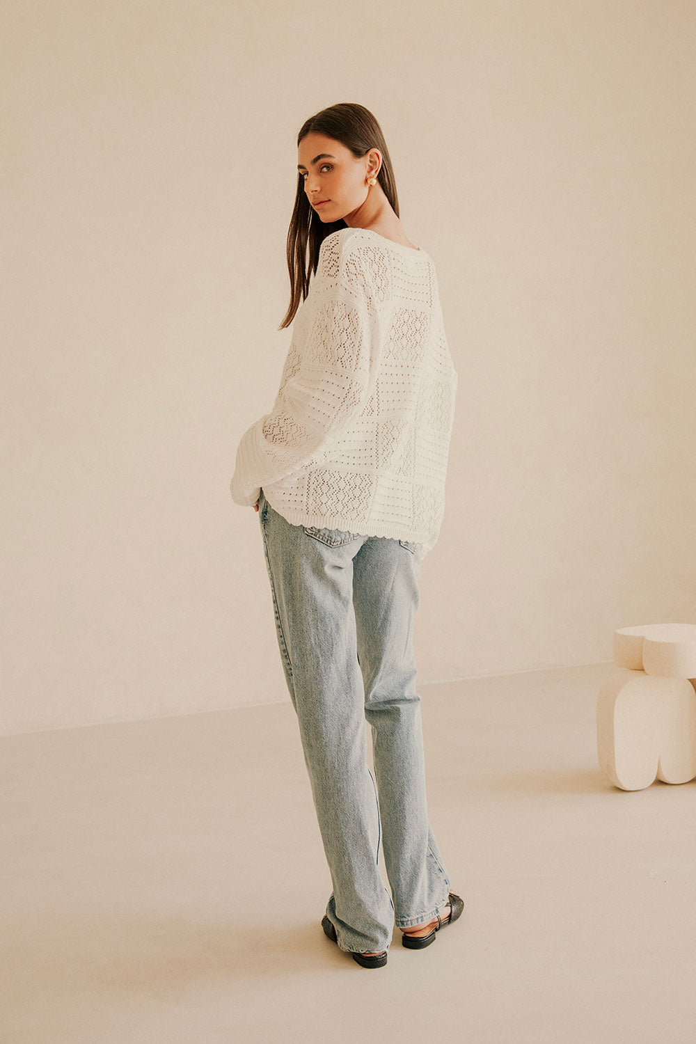 White Knit Long Sleeve Button Up Martina Top