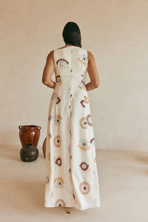 Cream Matia Print V Neck Maxi Serene Dress