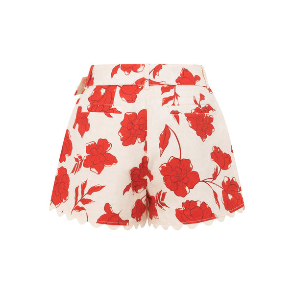 Cream Blooming Red Floral Belted Arlette Shorts