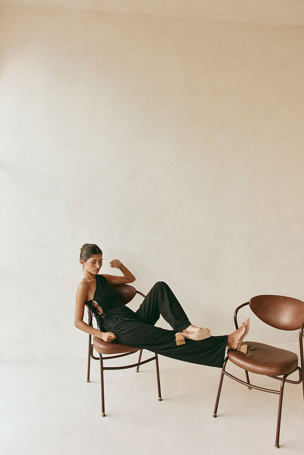 Black High Waist Elastic Drawstring Zen Pants