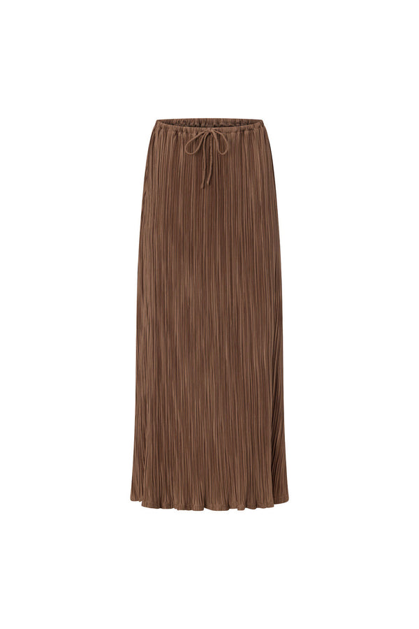 Brown Silky Pleat Drawstring Maxi Catalyna Skirt