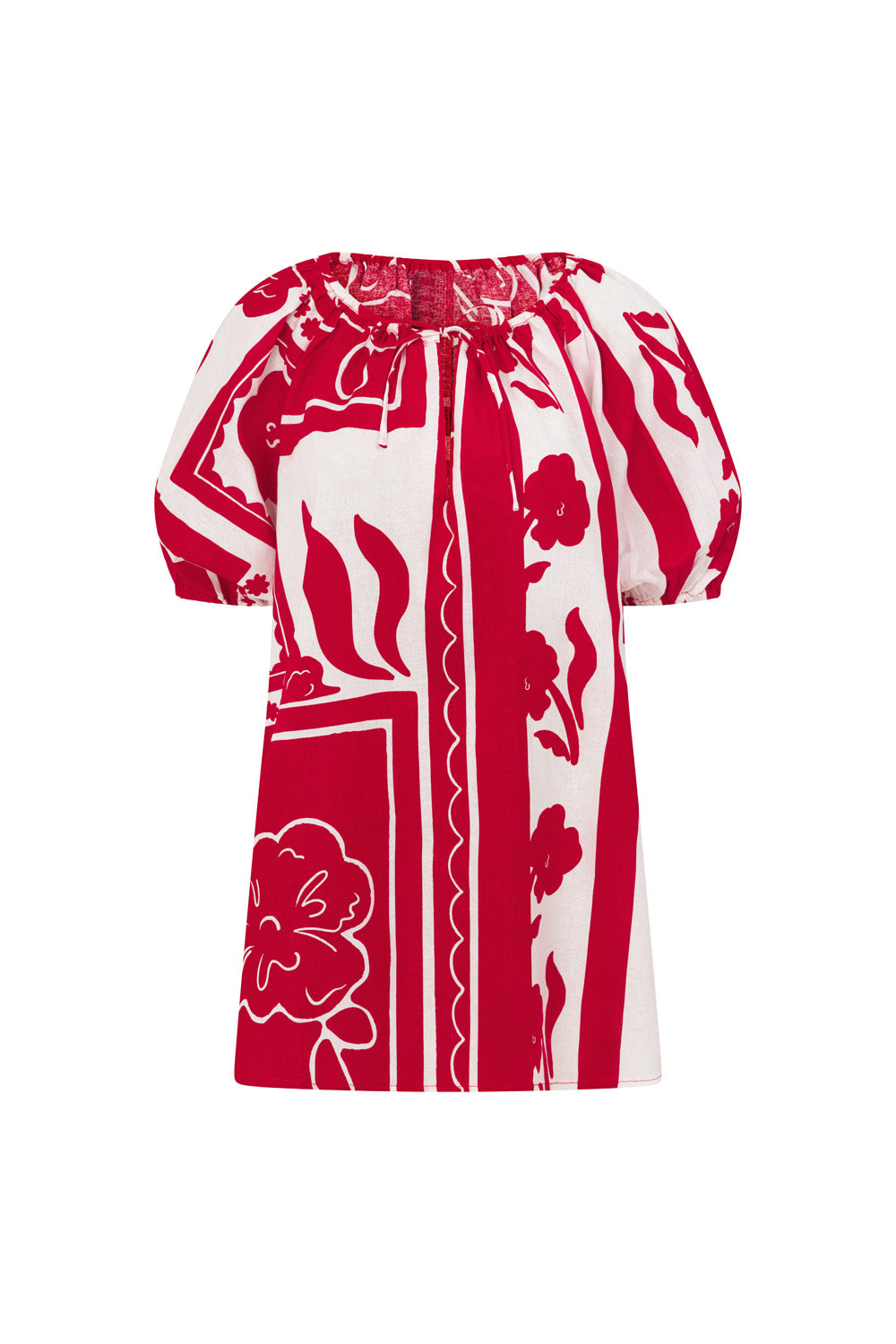 Red Voyage Print Drawstring Mini Kit Shirt Dress
