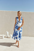 Blue Ada Flora Print V Neck A-Line Midi Mira Dress