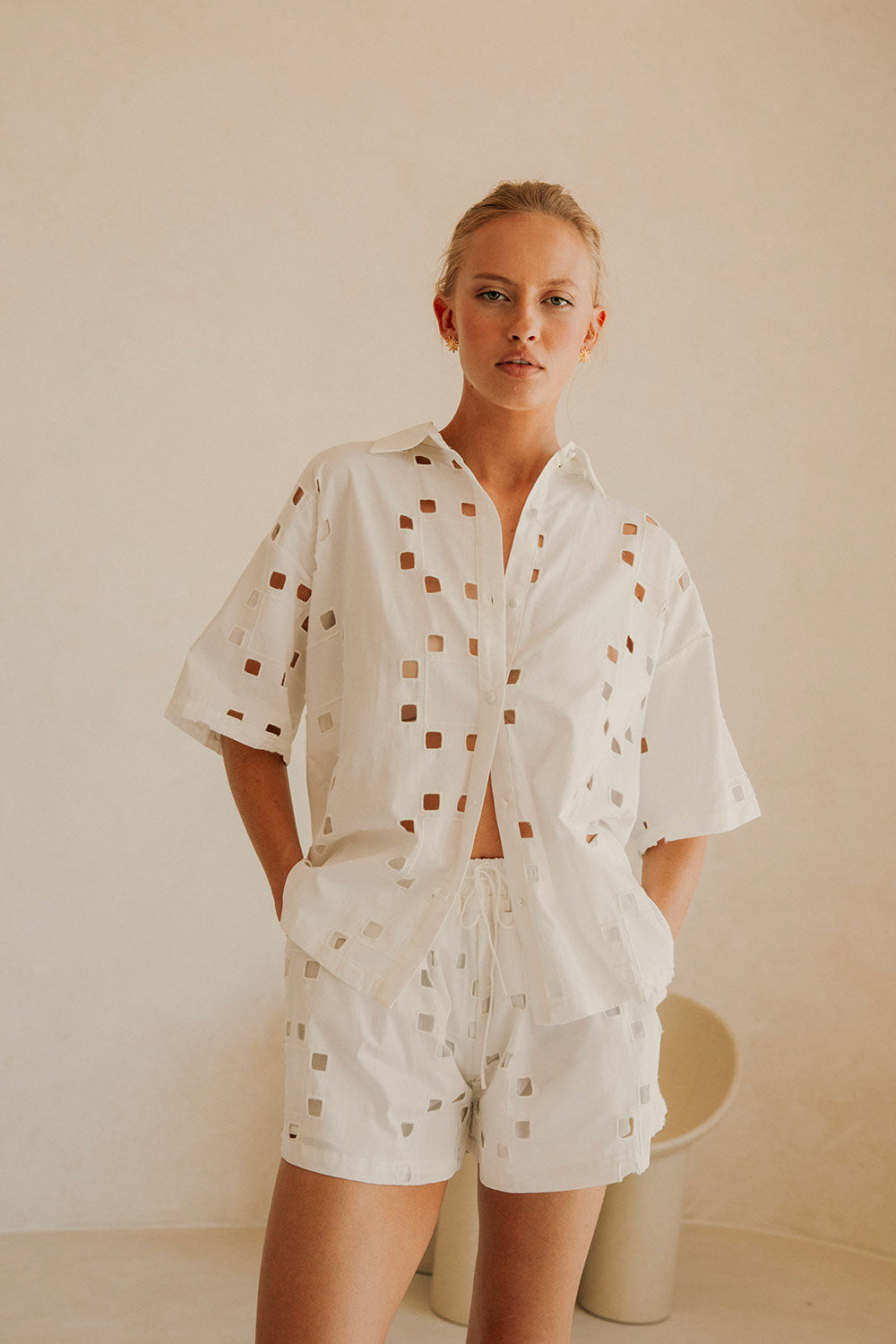 Ellakai Button Up Short Sleeve Cutout Top - Cutwork Print - White