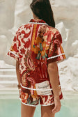 Red Floral Barocca Print Button Up Bia Shirt