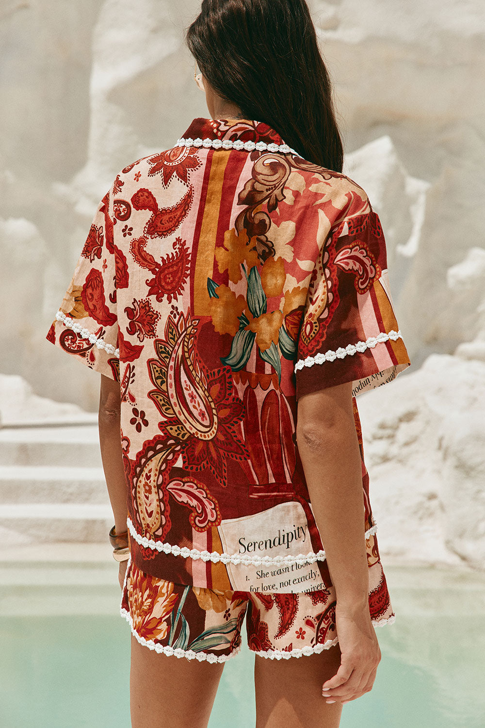 Red Floral Barocca Print Button Up Bia Shirt