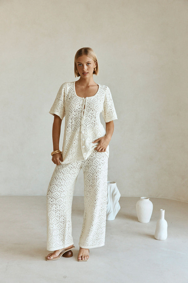 Cream Crochet Knit High Waist Umiko Pants