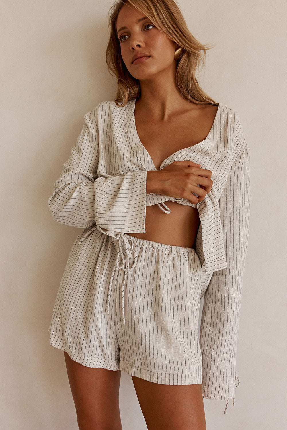 Beige and Black Pintstripe Tie Lyla Shorts